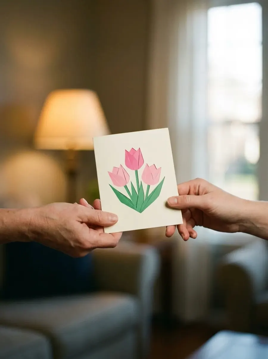 Una tarjeta plegada a mano entregada como regalo